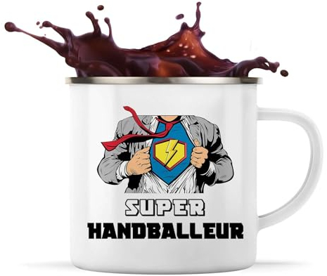 Planetee Tasse métallique Super Handballeur | Mug Émaillé Métal Timbale Camping et Randonnée Métier Collègue Cadeau Travail Boulot Départ Retraite