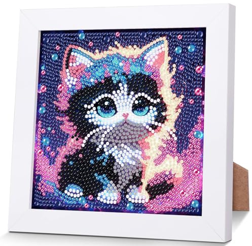 Pujeknm Katze Diamond Painting Kinder Mit Holzrahmen,Set Full Diamant Painting Bilder Kinder Tiere,5D Diamond Painting Mädchen,DIY Mosaikherstellung Arts Craft für Home Wand Decor 18x18cm