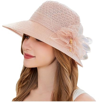 Sonnenhut Damen Sommer Strohhut Damenhut Elegant Organza Kirche Fascinator Braut Hochzeit Sonnenhüte Strandhut Sonnenschutz breiter Krempe Sommerhut mit Blume UV-Schutz Sommermütze Urlaub Strandmütze