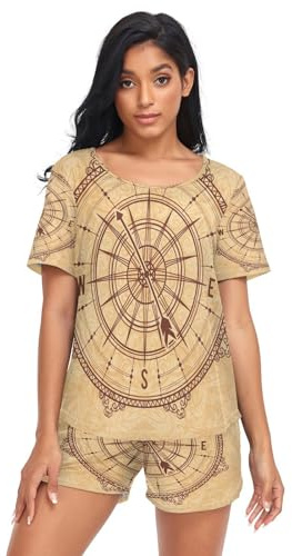 HMZXZ Damen Schlafanzug-Set Jahrgang Schiff Kompass Sommer Pyjama Woman Set,Meer Loungewear und Shorts Lounge Set Sleepwear Nachtwäsche