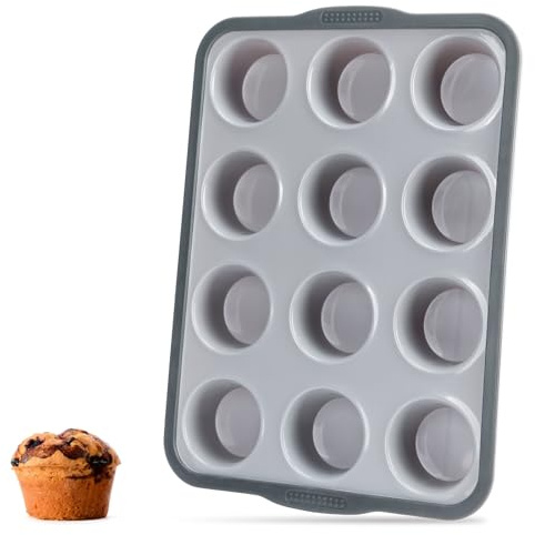 Aichoof Non-Stick Silicone Muffin Pan With Reinforced Stainless Steel Frame Inside,12 Cup Regular Muffin Baking Mold, 12 Cup Muffin Tin, BPA Free,Dishwasher Safe, Gray