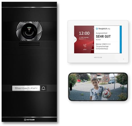 Metzler VDM10 2.0 Video Sprechanlage Komplett Set mit austauschbarem Namensschild - Anschluss LAN/POE - Türsprechanlage mit HD-Kamera und Bildschirm für 1 Familienhaus, in Schwarz aus V2A Edelstahl