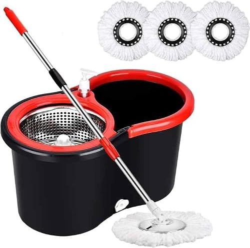 Mop and Buckets Sets - 360 Microfibre Mop Telescopic Head Floor Cleaner with Reusable Pads - Spin Mop and Bucket Set Cleaning Tools Household Essentials Perfect for Cleaning (RED & BLACK)