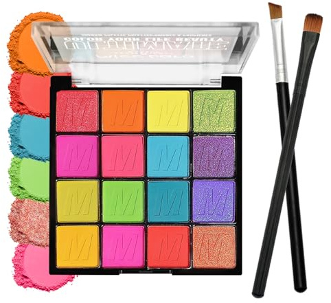 16 Colourful Eyeshadow Palette, Matte & Glitter Shades, Rainbow Eyeshadow, Waterproof & Long-Lasting Eye Makeup, Includes Brush & Angled Brush, for Girls Women Stage, and Party Bold Makeup