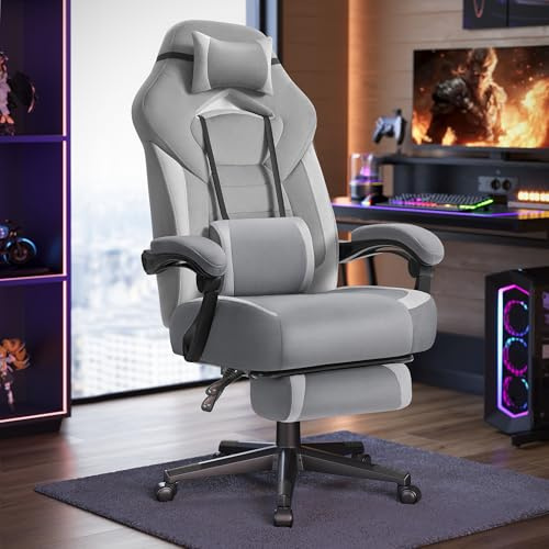SONGMICS Gaming-Stuhl, Bürostuhl, mit Fußstütze, Tragkraft 150 kg | Computerstuhl, ergonomisches Design, verstellbares Kopfkissen, Lendenkissen, Taubengrau, CATHY Kollektion OBG077G02