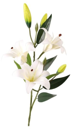 Fleurs de lys artificielles au toucher réaliste, 80 cm de long, 8 têtes, fleurs artificielles avec 3 fleurs complètes et 5 bourgeons, pour jardin, mariage, décoration d'intérieur (blanc)
