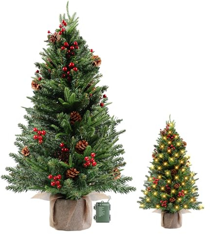 MaxEarn 90cm/3ft Mini Christmas Tree with Lights, Artificial Tabletop Christmas Tree with 80 LED Lights, 170 Branches (PE + PVC), Red Berries & Pine Cones for Xmas, Home, Table, Desk Decor