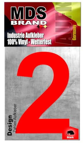 MDS Brand Design 20cm Zahlen Aufkleber | Selbstklebende Hausnummern zum aufkleben | Klebezahlen für Mülltonne, Briefkasten, Hausnummer & Auto | Optimal für Außen & Innen (Rot, 2)