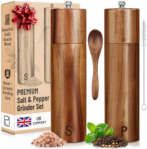 Juego de molinillos de sal y pimienta prémium - 28 g, molinillos de madera maciza deacacia - Molinillos manuales de sal gruesa y pimienta recargables - Moderno/rústico