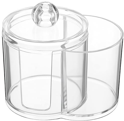Yolev Qtip Holder with Dual Compartments Clear Cotton Round Holder Plastic Vanity Canister with Removable Dustproof Lid Cotton Swab Container for Cottons Swabs Makeup Storage Container Accessories