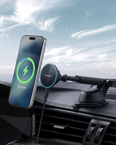 Spigen Essential MagFit Qi2 15W Wireless Car Charger for MagSafe | N52 Magnet LED 1.5M Cable Wireless Charging Car Phone Holder Mount for iPhone 17 17e 16 15 14 13 12 Pro Max Air - Dashboard