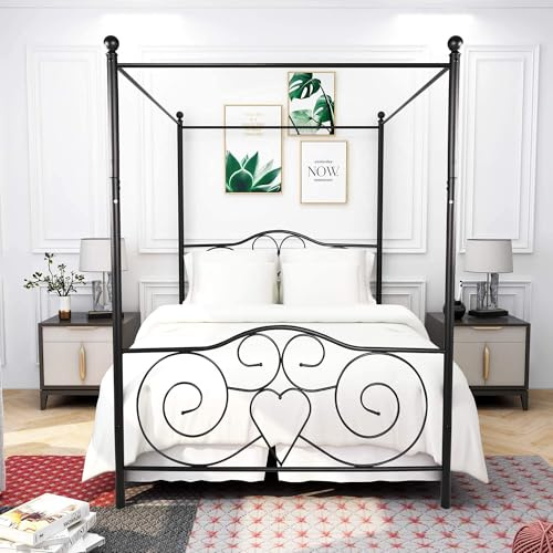 HAHRIR Marco de cama con dosel, plataforma de 120 x 200 cm, estructura de cama de metal con cabecero y pie decorados con corazones, listones y soportes de acero resistentes con cabecero y reposapiés