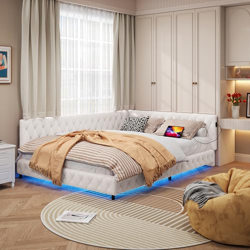 WSOFZMO Sofa Bett 140x200, Tagesbett 140x200cm mit LED und USB-Anschluss, Jugendbett 140x200, Kinder Polsterbett Schlafsofa mit Lattenrost, Daybett Samt, Ohne Matratze (Creme 140 * 200)