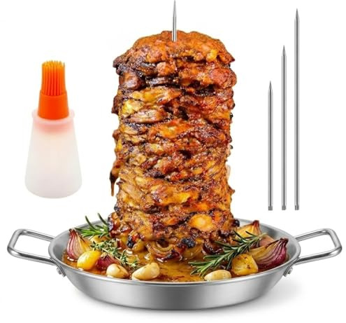 Vertical Meat Skewer, Stainless Steel Barbecue Spit Skewer Grill with 3 Removable Vertical Skewers (8, 10, 12)& A Oil Bottle Brush, Kebab Pan Shawarma Stand for Roasting Steak Chicken Fish (style3)