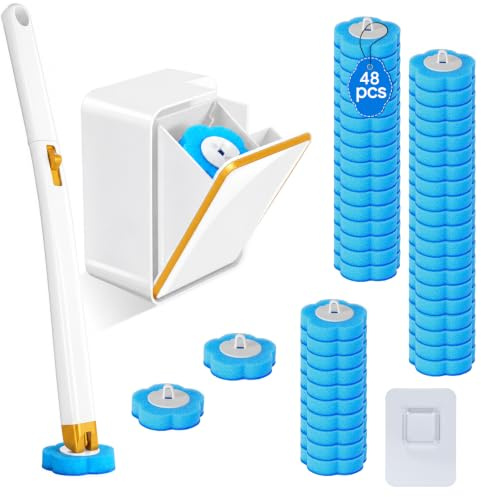Vicloon Scopino Bagno WC,Spazzola WC Monouso Set con 48 Ricariche Detergenti e Manico Lungo, Scopino per WC con Supporto per Bagno,Spazzola WC con detergente, Accessori Bagnos per Pulizia Profonda