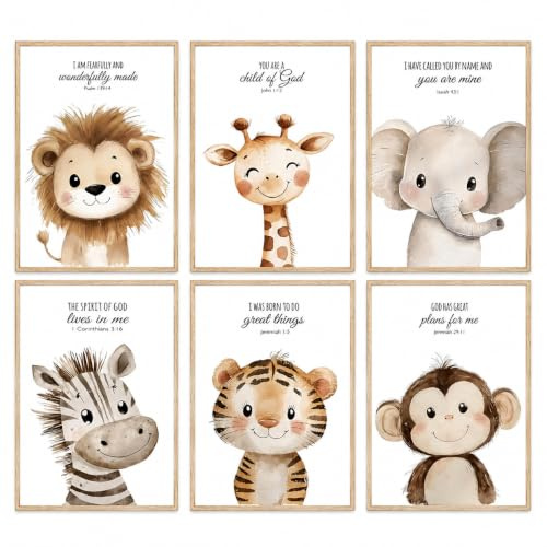 FloralGrace Inspirierende Bilder Kinderzimmer Deko Mädchen, Poster Kinderzimmer Mit Bibelversen Dekorativ, Wanddeko Kinderzimmer Löwe Elefant Giraffe, Babyzimmer Deko Stilvoll