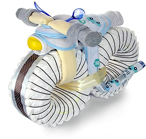 XXL Windelmotorrad Jungen mit viel Zubehör / 67-teilig – Geschenk zur Geburt - Große Windeltorte Junge / 50cm
