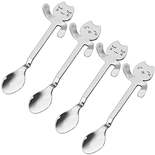 4er Set Kaffeelöffel mit Katzenköpfchen und -pfötchen als Randhalter Kaffee Löffel Kätzchen Design Teelöffel Katze Edelstahl Poliert
