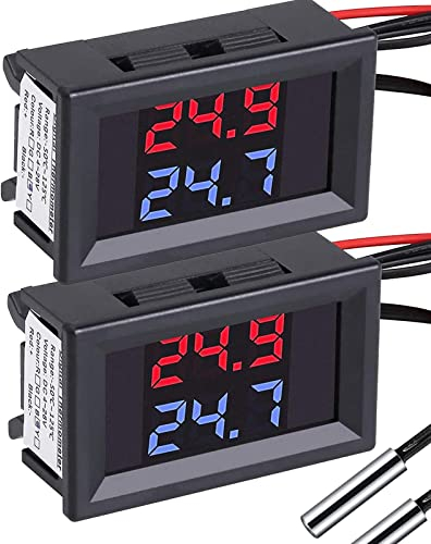 PEMENOL 2Stück Display-Digital-Thermometer, DC4-28V Rot + Blau Dual mit NTC Wasserdichtem Metallfühler-Temperatursensor