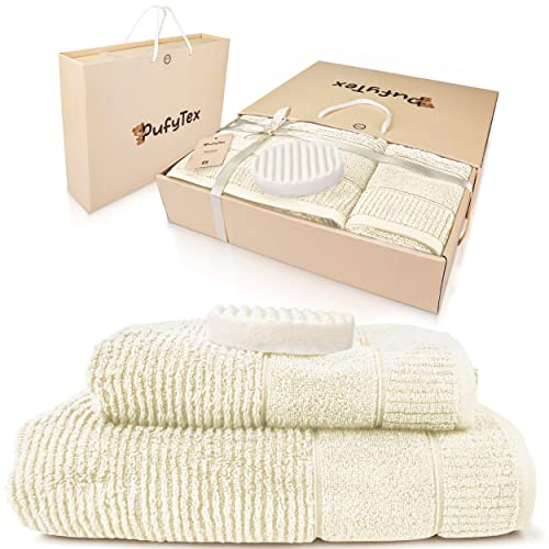 Pufy Tex® Premium Saunahandtuch Geschenk Set - Flauschige XXL-Handtücher aus 100% Bio-Baumwolle - Inklusive Schwammseife - Für Damen & Herren