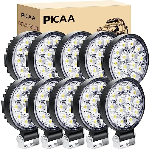PICAA LED-arbetsstrålkastare 10 st 3,2 tum 42 W mini rund LED-spot traktor 12 V-24 V 6000 K LED-strålkastare för traktorer IP68 vattentät dimljus bil, SUV, UTV, ATV, terräng, lastbil, motorcykel, båt