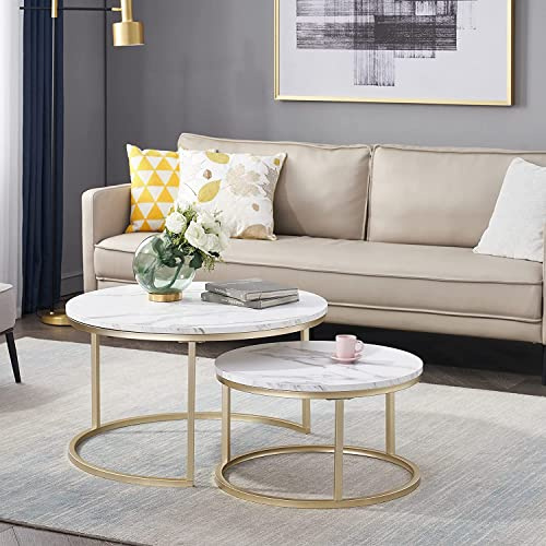 HJhomeheart Set di 2 Tavolini da Salotto Sovrapponibili, Moderno da caffè, Grande: 60 x 60 x 45 cm; Piccolo: 40 x 40 x 35 cm, Bianco e Oro