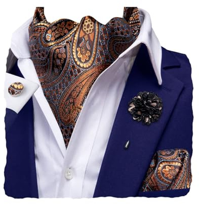 Hi-Tie Men's Cravat And Flower Lapel Pin Set Jacquard Silk Ascot Handkerchief Cufflinks For Wedding Party Daily Dress