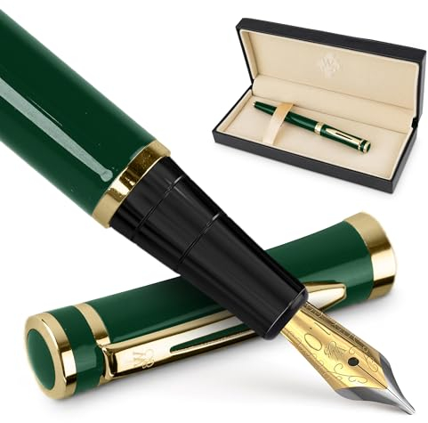 Wordsworth & Black Füllfederhalter-Set, breite 18-Karat-Goldfeder, inklusive 24 Tintenpatronen, Kolbenkonverter und Geschenkbox, goldfarben, Kalligraphie, Grün