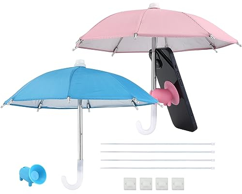 2pcs Cell Phone Umbrella Stand for Sun Protection - Multifunctional Sunshade With Piggy Suction Cup Holder (Blue & Pink)