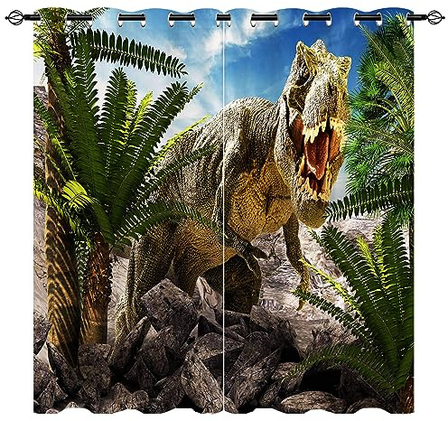 YUANZU Dinosaurier Vorhänge T-Rex Dschungel Tiere Ösen Gardinen mit Blickdichte Vorhang Kälteschutz Blackout Curtain Kinderzimmer Schlafzimmer Verdunkelung Fenster, 2 Stück, H 160 x B 106 cm