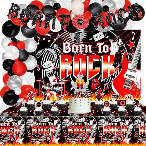 Ywediim Rock'n'Roll-Partyzubehör, einschließlich Born to Rock-Glitzerbanner, Born to Rock-Hintergrund, Ballongirlande und mehr für Dekorationen zum Thema Rockmusik