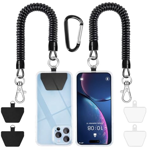 SHANSHUI Phone Lanyard Tether, Anti Theft Spring Phone Strap, 4 x Phone Pacthes & Climbing Hook Universal Phone Lanyard for Keys Outdoor Skiing Hiking Fishing Fitting for All Smartphones - 2PCS Black