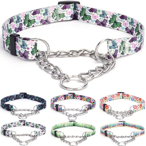 haoyueer Martingale Hundehalsband - Edelstahlkette, No Pull Erziehungshalsband mit Blumendesign für große mittelgroße kleine Hunde (L, Schmetterling)