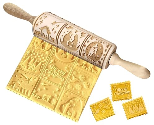 Mattarello in legno natalizio, mattarello per presepe, mattarelli in legno per la cottura, Mattarello in rilievo con motivo presepe natalizio, rullo per pasta per cuocere biscotti in rilievo