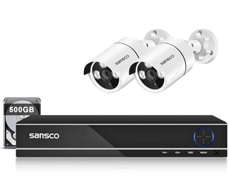 SANSCO CCTV Security Camera System, 8 Channel 5MP DVR with (2) 2MP In/Outdoor Cameras and 500GB Hard Drive (Continuous/Motion Recording, Rapid USB Backup, Easy Mobile Viewing, Face/Human Detection)