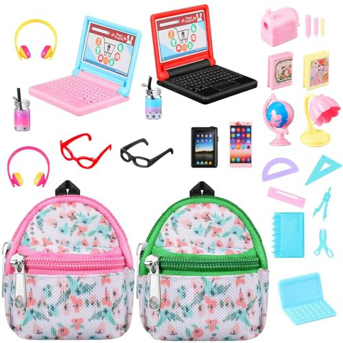 27 Stück Wichtel Zubehör Schulbedarf,Puppenhaus Zubehör Schulset,Mini Laptop Tablet Handy Brille Kopfhörer Rucksack Getränke,Miniatur Wichtel Zubehör,Puppenhaus Dekoration