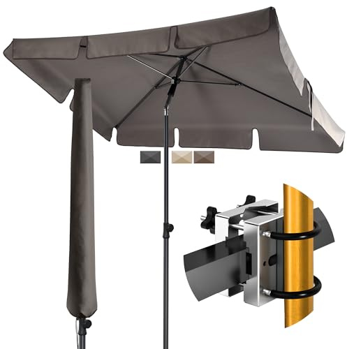 Menz Sonnenschirm Balkon - 3-IN-1 SET - UV50+ Sonnenschirm rechteckig 200x125 cm + Sonnenschirmhalter Balkongeländer + Sonnenschirmhülle - Sonnenschutz Balkon, Taupe