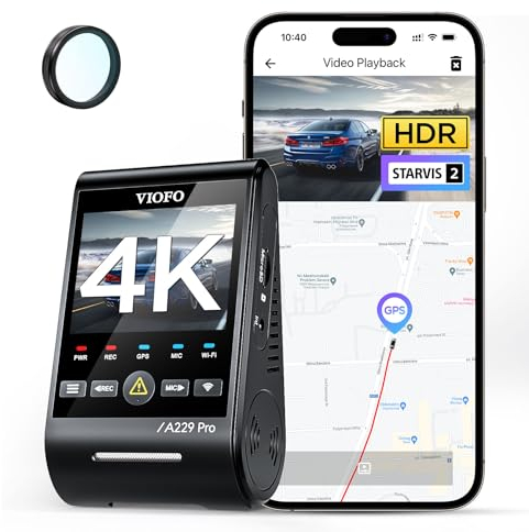 VIOFO A229 Pro 1CH 4K STARVIS 2, HDR Vorne Dashcam Auto, Sprachsteurung & 5GHz Wi-Fi WLAN Autokamera, Ultrapräzises GPS mit CPL Filter, Super Nachtsicht 2.0, Sprachausgabe, bis 512 GB Max