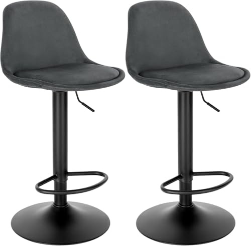 Lestarain Velvet Bar Stools - Set of 2 Height Adjustable Kitchen Stools with Footrest, Swivel, Backrest, Metal Base, Dark Grey