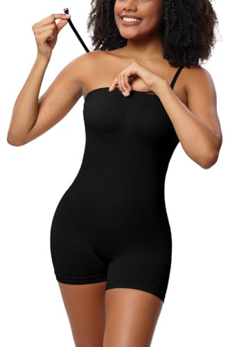 SHEKINI Kroppsformare för kvinnor, axelbandslös bodysuit med ben, formande bodysuit, stark formande bandeau topp med avtagbara remmar, sömlös figurformande kroppsformande kropp, svart, XL
