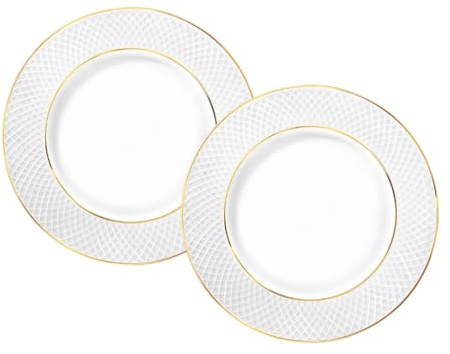 Wilmax Tallrik med gyllene mönster, 2 delar, Ø 20 cm, desserttallrik av vitt porslin, middagstallrikar, diskmaskinssäker, frukosttallrikar, desserttallrikar