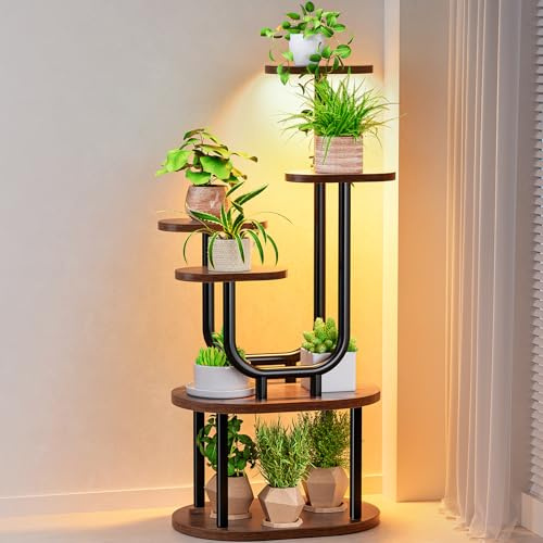 Shikha Support pour plantes d'intérieur en forme de U avec lampes de croissance, étagère à 6 niveaux pour plusieurs plantes, support de plantes en métal et bois pour jardin, terrasse, balcon, salon