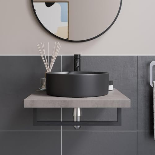 Estantería flotante con barra de toallero, almacenamiento para encimera de baño, lavabo o fregadero, 500 mm, hormigón, gris Lyon, negro