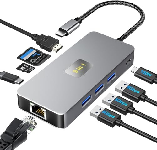 Dalimee USB C Hub 3.0, 9 in 1 USB C Docking Station mit 3XUSB3.0, USB-C2.0, 4K@60Hz HDTV, PD 100W Schnellladen, Gigabit Ethernet, SD/TF Kartenleser, Dockingstation Type-C für MacBook/Laptop/Tablet