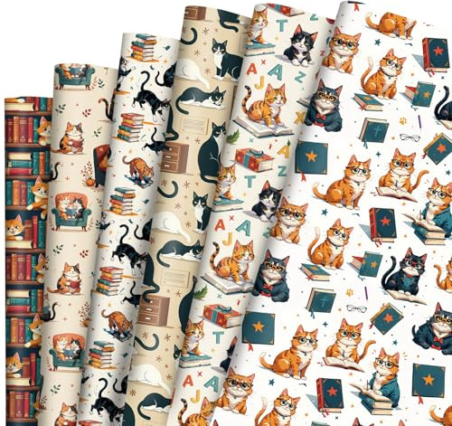 12 hojas de papel de regalo para libros de gatos, papel de regalo de lectura de gatitos vintage, papel de embalaje de regalo para decoración de fiesta de cumpleaños, baby shower, biblioteca, club