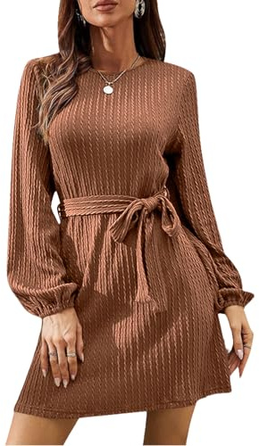 LIAMERHE Midi Robe Femme Manches Longues Col Rond Chic Elegant Robe Pull Automne et Hiver Casual Robes A-Line Rayures Verticales avec Ceinture Marron M