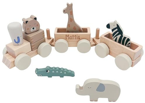 DEL MÀ Unique & Personal Holzzug personalisiertes Geschenk Baby Holzeisenbahn mit Geburtsdaten Babygeschenk Taufgeschenk für Mädchen Jungen Geburtsgeschenk Zug Holzspielzeug