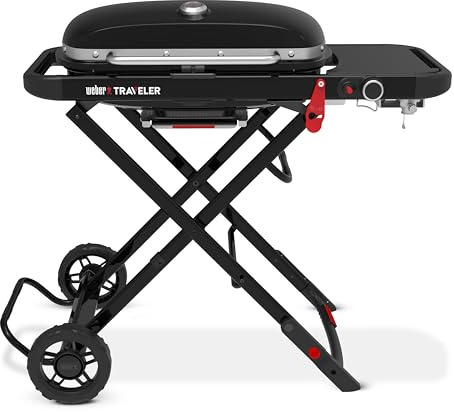 Weber Traveler Portable Gas Barbecue with Folding Cart & Wheels | Portable BBQ, Porcelain-Enamelled Cast Iron Grates, Built-In Lid Thermometer, 3.81 kW Burner, 2065 cm² Cooking Surface, Black