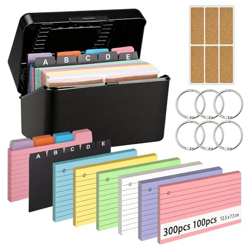 Thboxes Caja de tarjetas de 14,4 × 9,2 × 8 cm, incluye 400 fichas coloridas, 5 registros, 6 hojas sueltas, 6 pegatinas, caja de tarjetas de aprendizaje para vocabulario, aprendizaje, notas, escuela