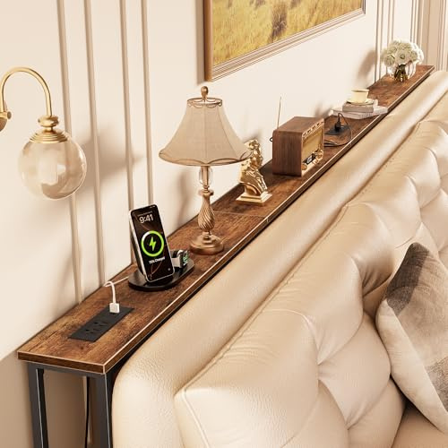 Huuger 118 Inch Sofa Table with Power Outlets and USB-C Ports, 5.9 Inch Narrow Entryway Table, Behind Couch Table with Storage, Extra-Long Console Table, Living Room, Rusitc Brown